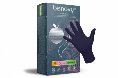 Перчатки нитриловые BENOVY, р-р М (8-9р), цв. Черный, текстурированные на пальцах, неопудренные, однократный хлор