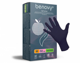 Перчатки нитриловые BENOVY, р-р М (9-10р), цв. Черный, текстурированные на пальцах, неопудренные, однократный хлор